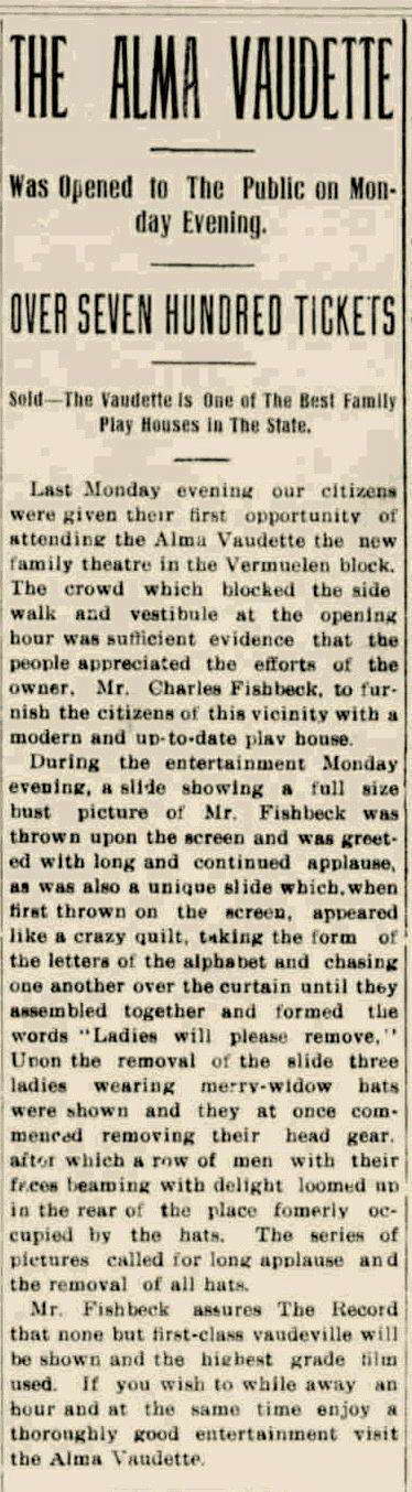 Regent Theater - AUG 19 1909 OPENING OF VAUDETTE - NOTE MENTION OF FISHBECK